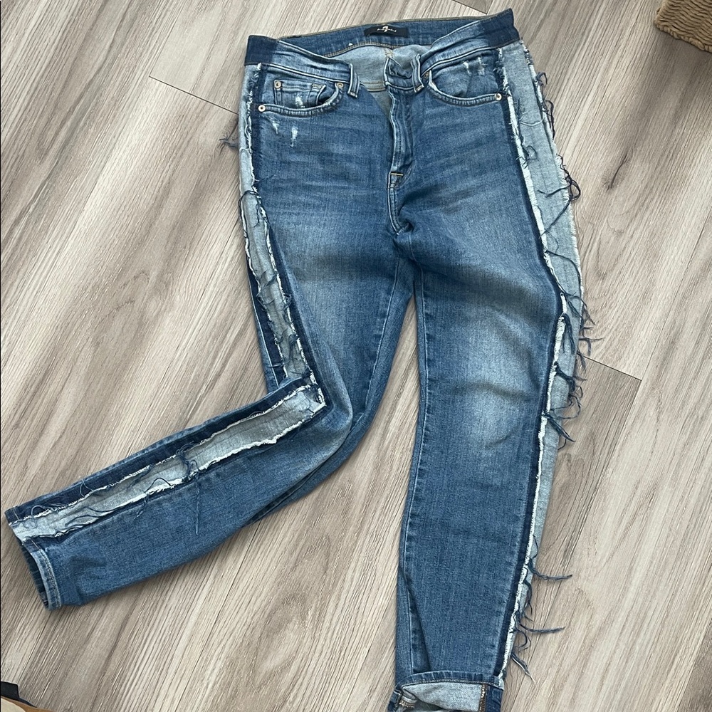 7 For All Mankind Two-Tone Blue Ankle Jeans